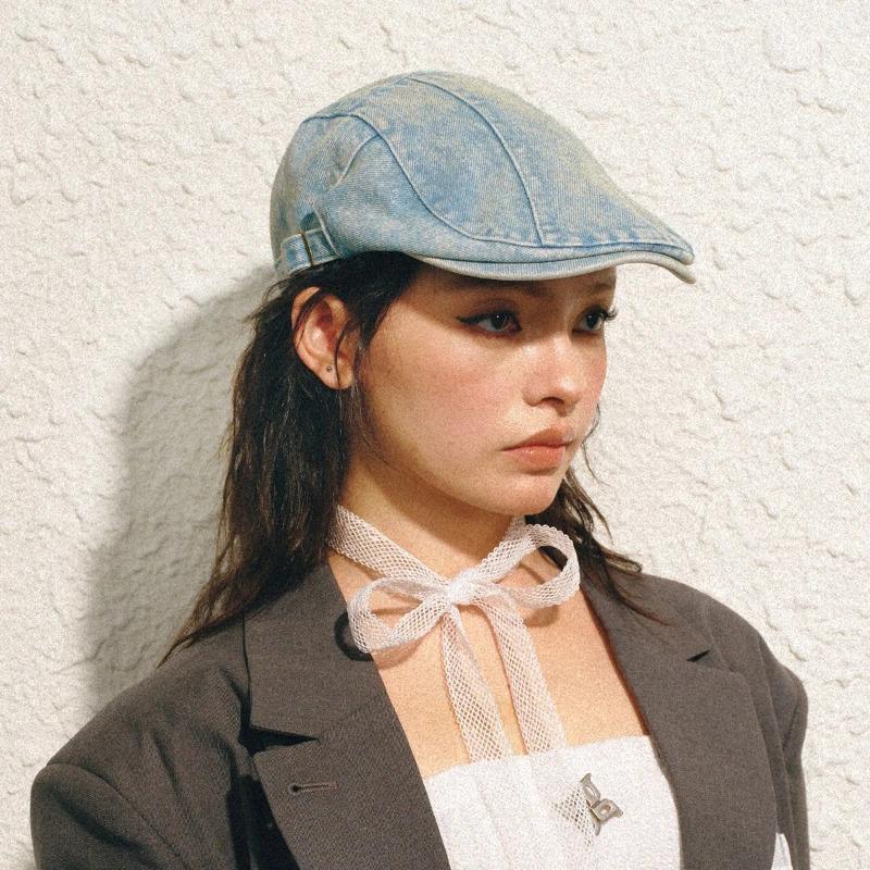 1pc Women's Classis Retro Beret Classis Denim Retro Newsboy Caps for Men,Summer Solid Washed Adjustable Flat Caps Visor Hat