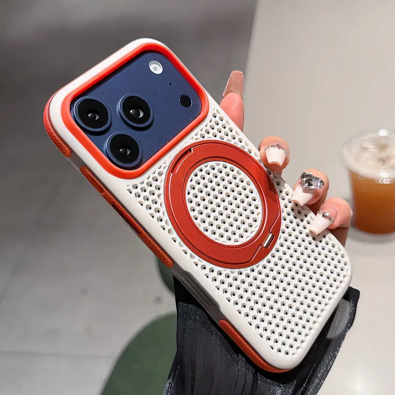 Unisex color-blocking honeycomb hollow-out cooling phone case, suitable for IP17/16ProMax, 360 °     Rotating magnetic stand, large viewing window, elevated lens for anti-drop and anti-slip protection, multi-hole ventilation to prevent overheating