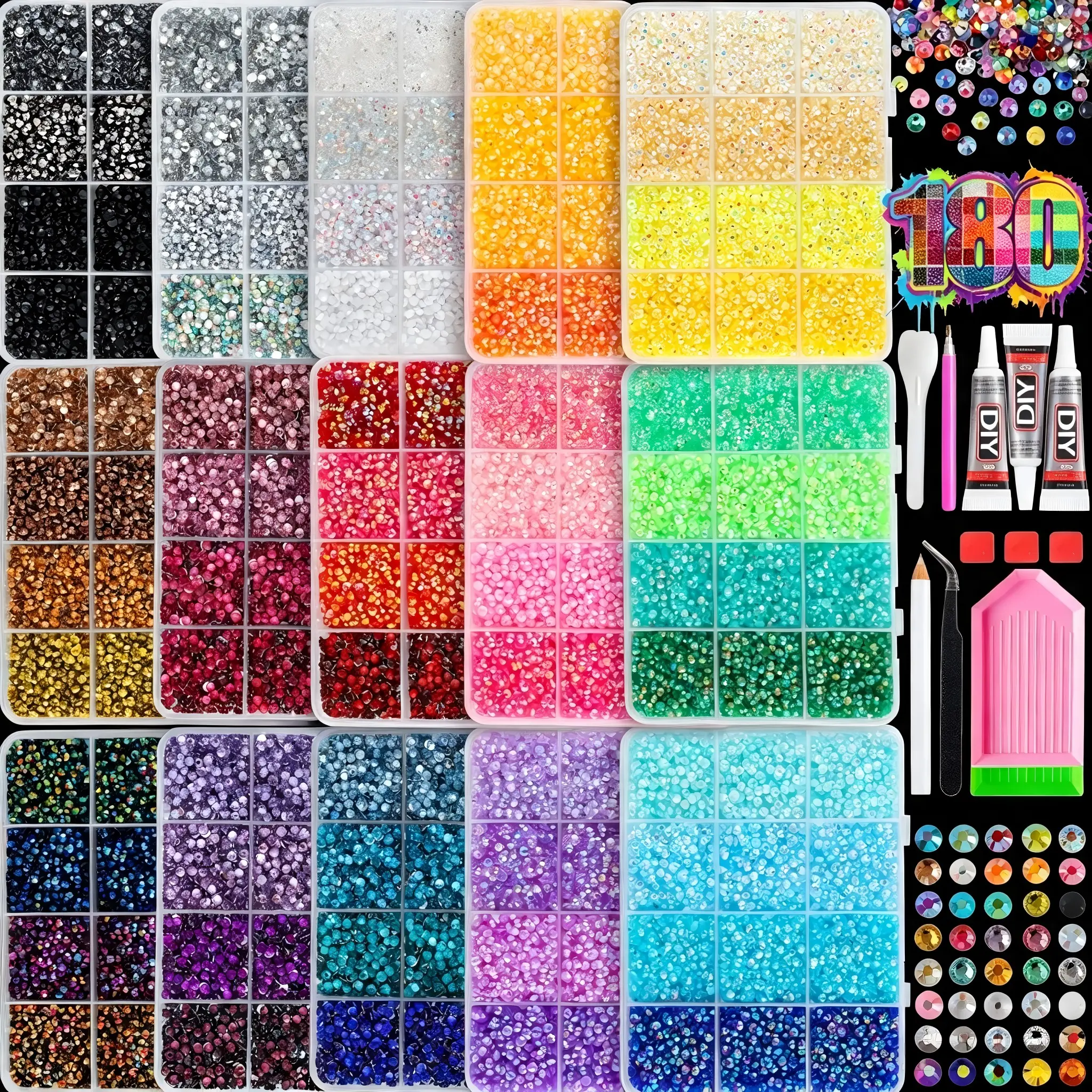 15-Boxes Creative New Colors Series Gradient AB Bling Nail Bedazzling Rhinestones Kit,3mm 180 Colors Brilliant Trendy  Semi-Circle Crystal Gems Diamond Art DIY DIY Home Gift Festival Decorations