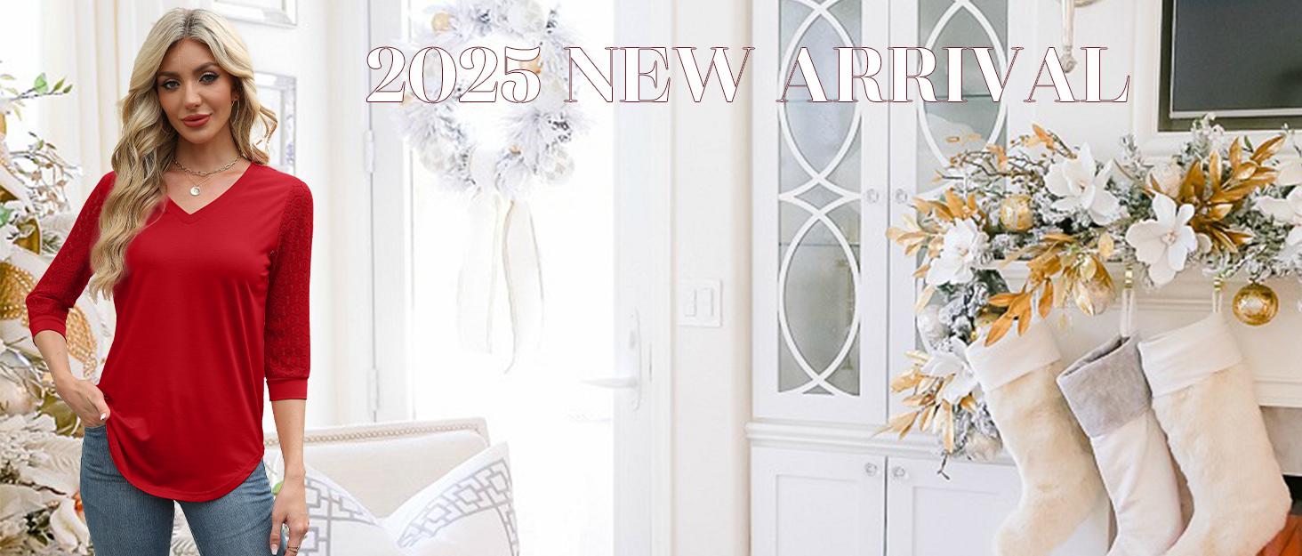 WIHOLL 3/4 Length Sleeve Womens Tops V-Neck Lace Tunic Tops Business Casual Blouses 2025 SpringStatements