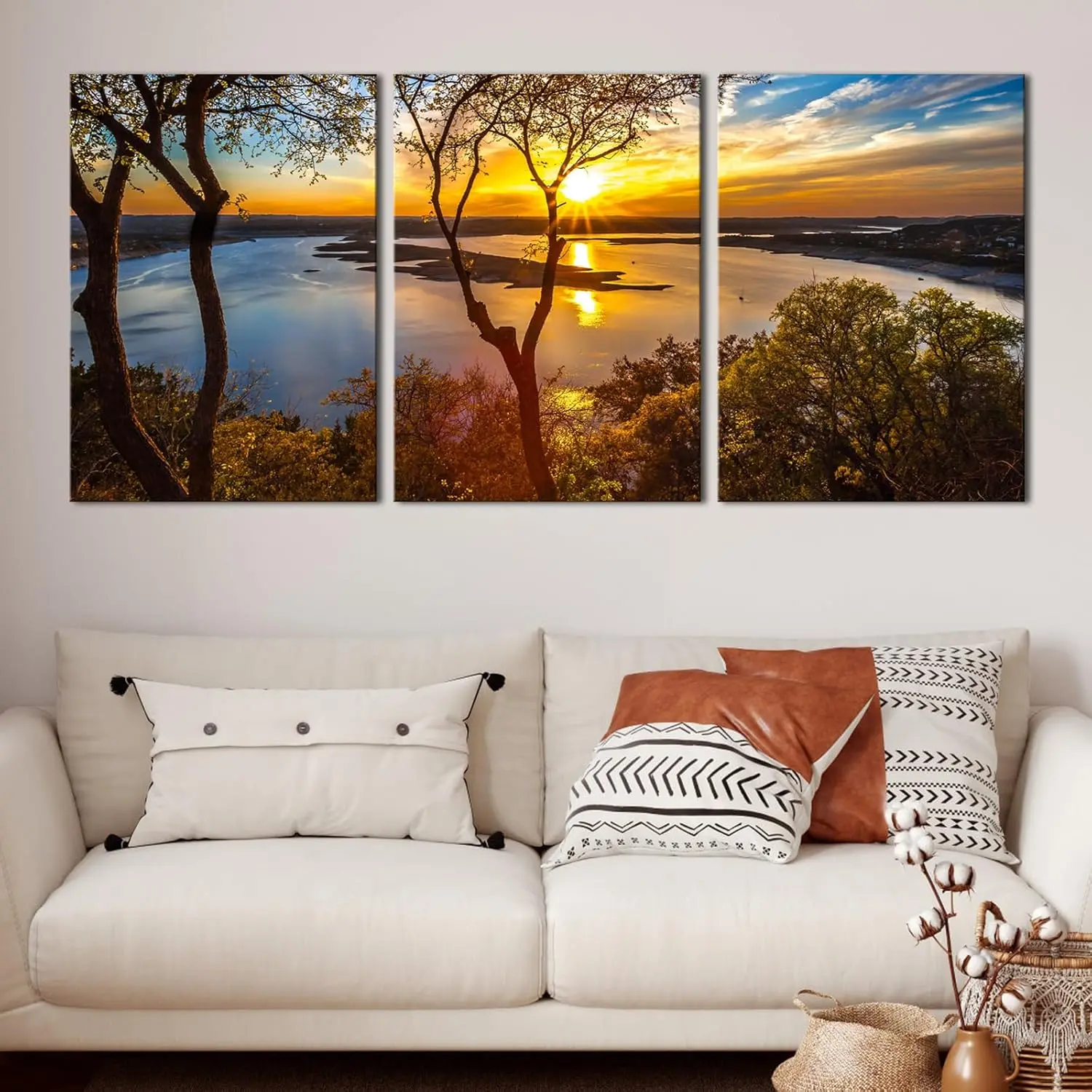 2D FlAT Printing 3Pcs Framed Wall Decor Tropical Beach Seascape Sunset Canvas Art, Coastal Ocean Lake View Modern Mural Set For Living Room Bedroom Bathroom Office Home, Ideal Gift For Birthday Housewarming Christmas Thanksgiving Mother's Day