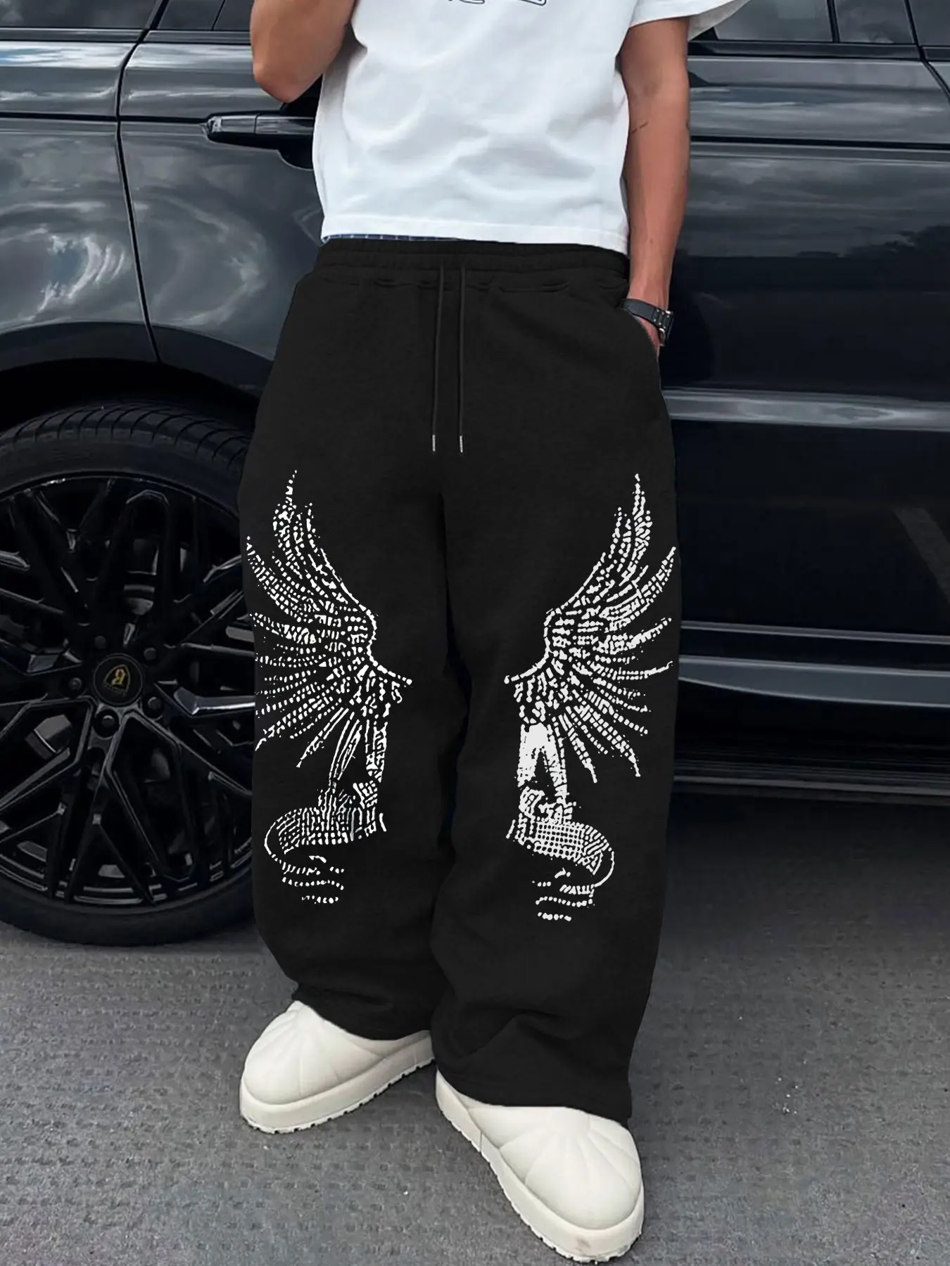 Vintage Angel Wings Sweatpants, Dark High Street Style, Drawstring Waist, Plus Size, Wide Leg, Casual Sports Pants, All Seasons