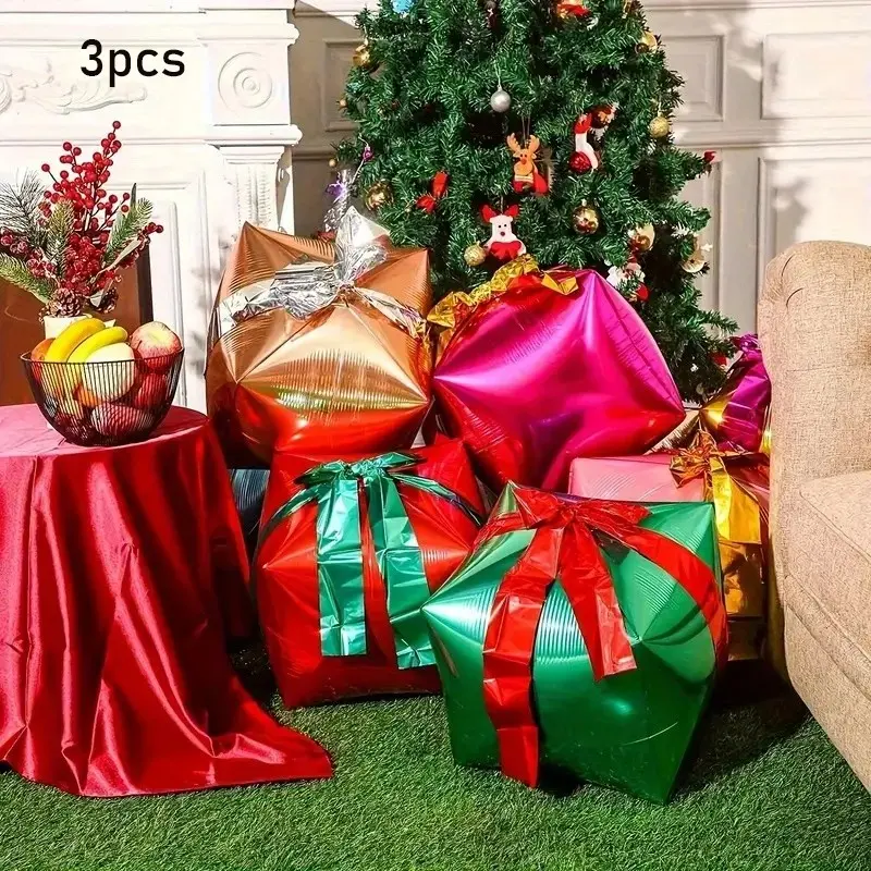 3pcs 22-Inch Mixed Color Christmas Gift Box Balloons, Perfect for Holiday Decorations, No Power Needed, Easy to Mix and Match