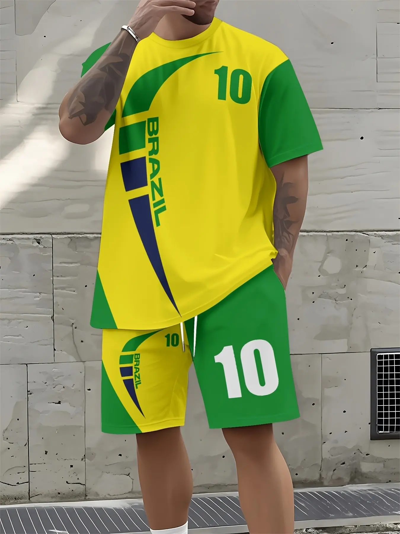 Men's Brazil Football Style T-Shirt and Shorts Set, Brazil Letter Print, Casual Two-Piece, All Seasons Wear