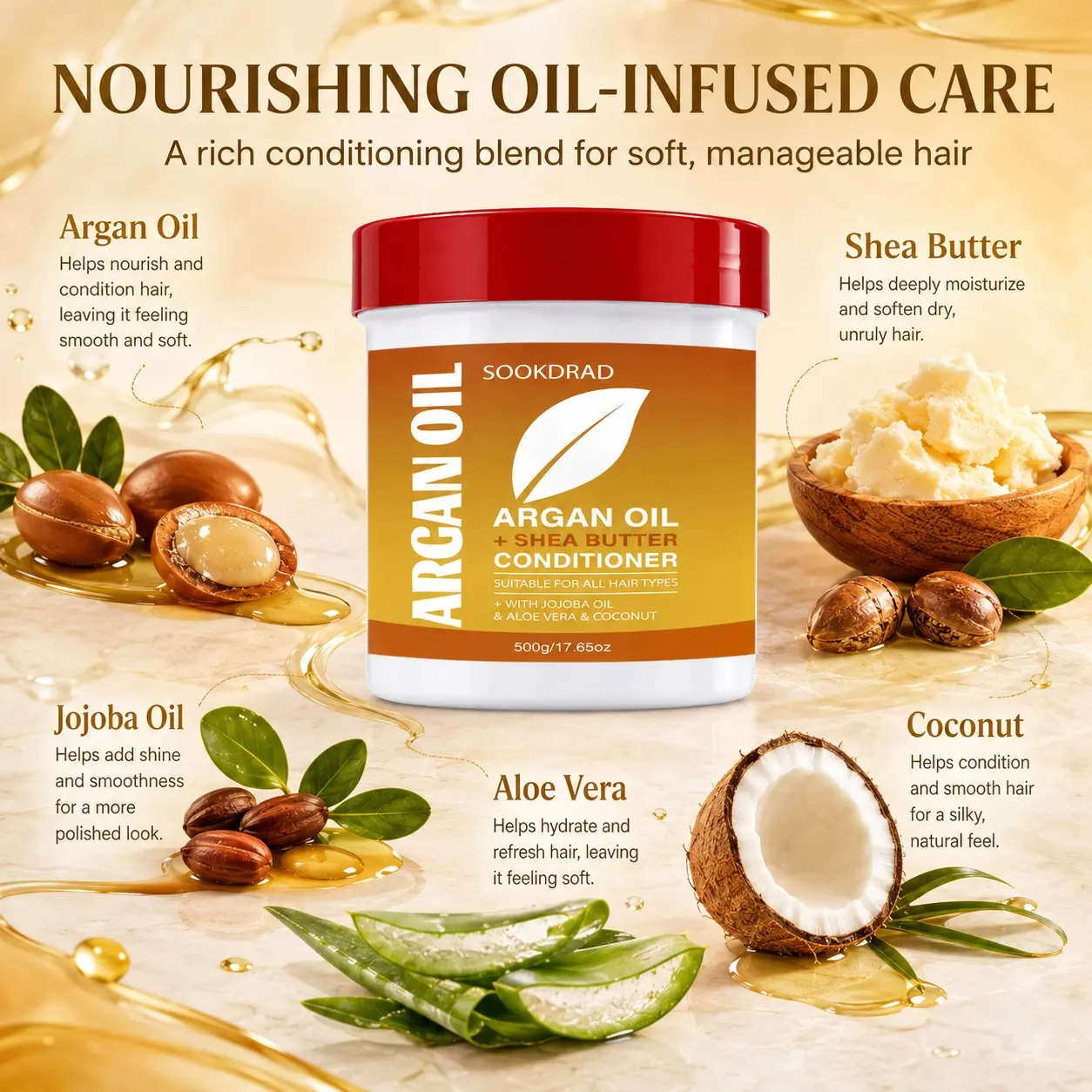 Argan Oil Shea Butter Conditioner, with Jojoba Oil, Aloe Vera, Coconut Oil, nourish hair, suitable for all hair types, 500g