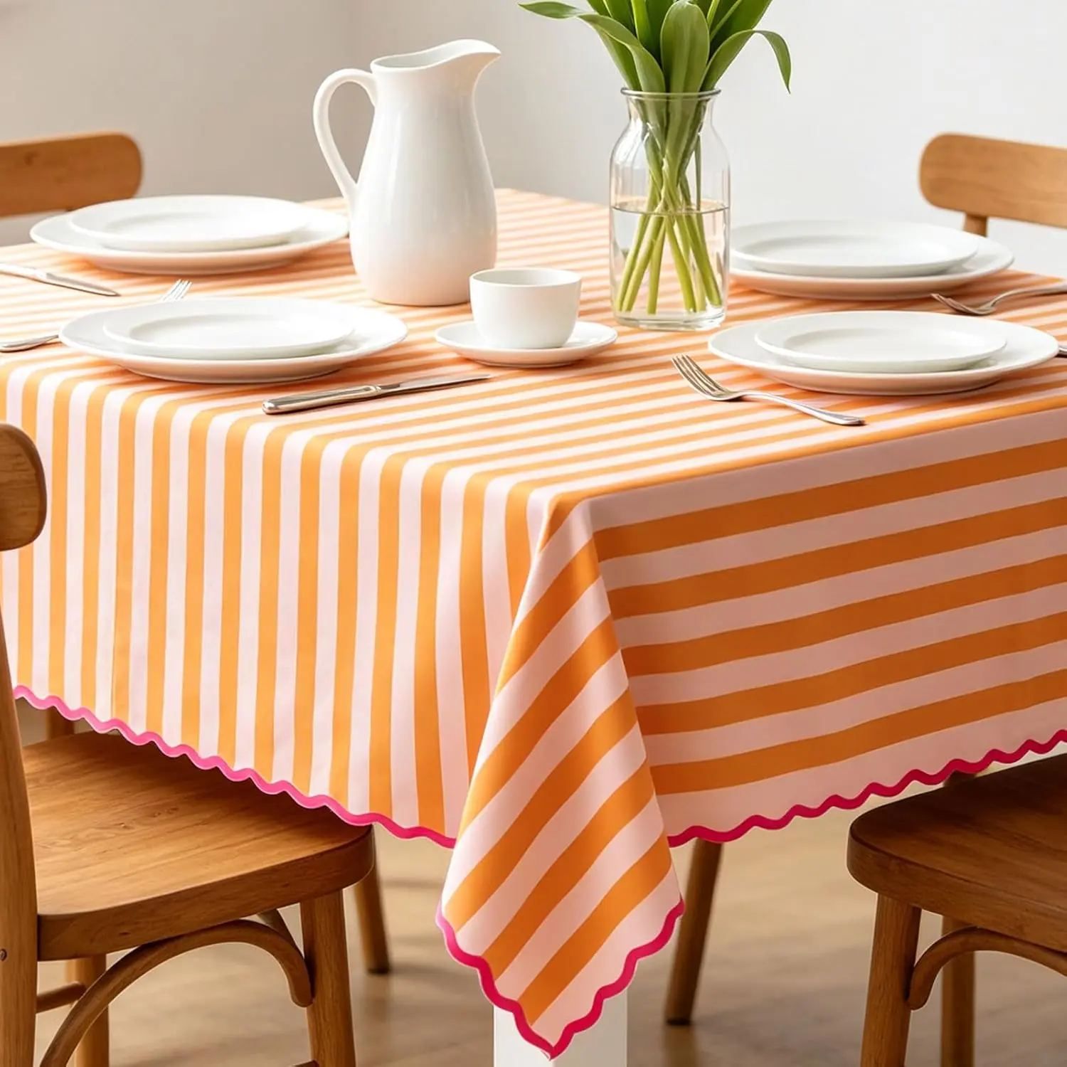 AnyDesign Scalloped Edged Tablecloth Orange Pink Striped Table Cloth Waterproof Rectangle Fabric Table Cover for Home Kitchen Party Table Decoration, 55 x 70 Inch