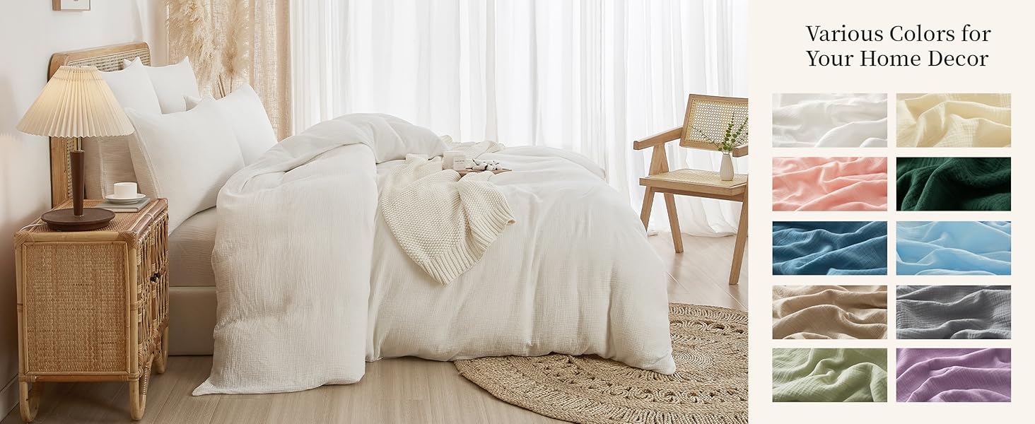 100% Cotton Muslin Duvet Cover Set Queen Size White, Soft Breathable Absorbent Gauze Bedding Duvet Cover, Luxurious Minimalist Natural Wrinkle Textured Comforter Cover 90" x 90"