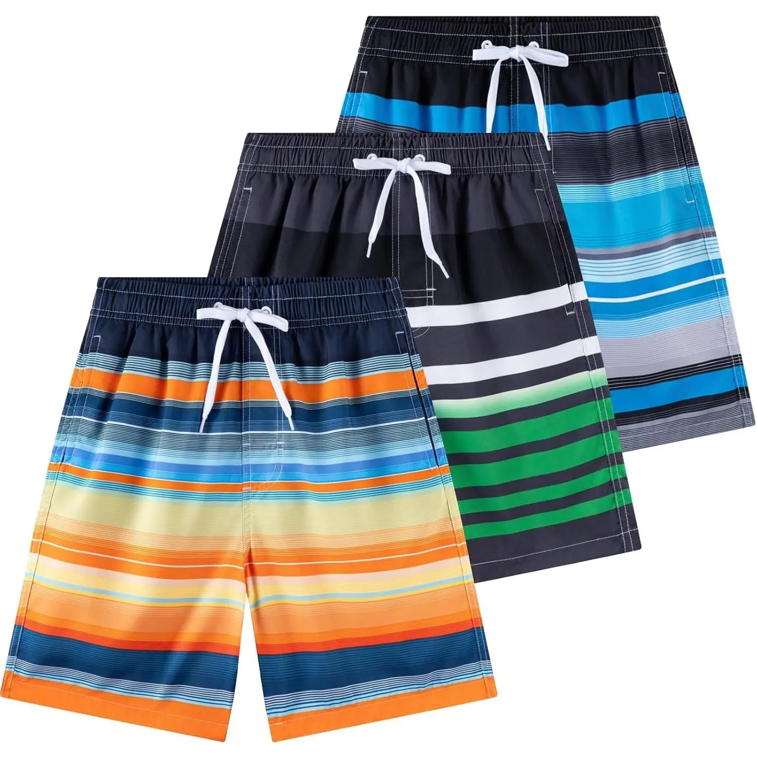 Boys' Striped Drawstring Swim Trunks 3-Pack, Quick-Dry Bathing Suit with UPF 50+, Mesh Lining, Beach Shorts for 5-16 Years, Stripes