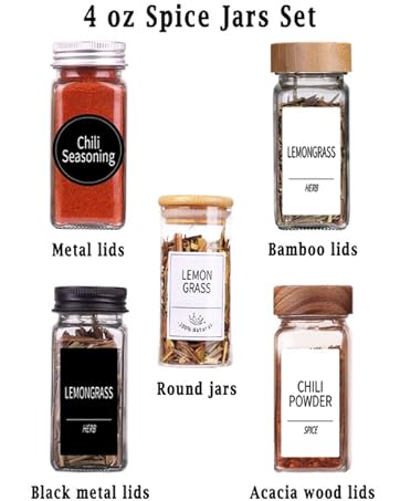 25 Spice Jars with 547 Labels- Glass Spice Jars with Black Metal Caps, 4oz Empty Spice Containers with Shaker Lids, Funnel, Chalk Pen, Square Seasoning Bottles for Spice Rack, Drawer, Cabinet