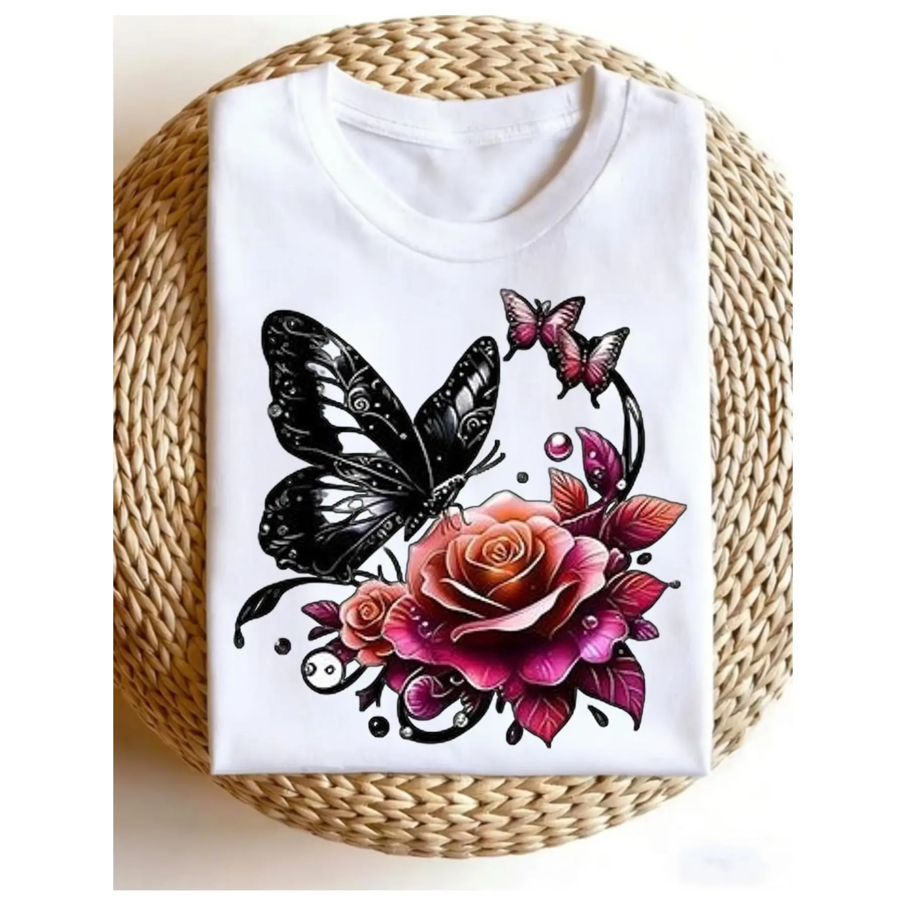 [Floral Print T-Shirt] Casual short-sleeve T-shirt featuring butterfly and rose floral patterns; made from stylish, soft fabric. Perfect for everyday summer wear, as well as Easter or Mother's Day gifts. Women's crew-neck top—casual and versatile.