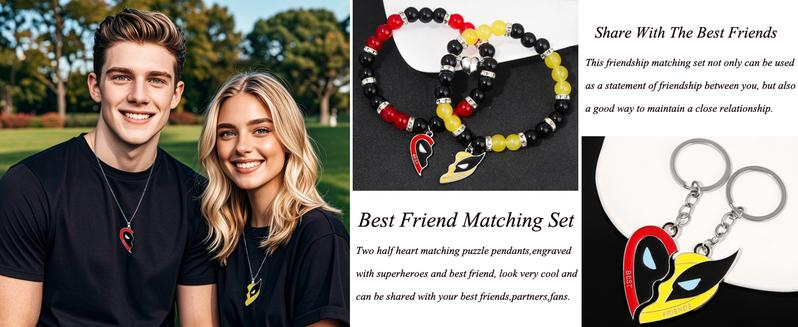 Best Friends Necklaces for 2 BFF Stainless Steel Silver Chain Matching Heart Puzzle Pendant Friendship Necklace and Bracelet Key Chain Set Relationship Jewelry  for Teen Girls Boys