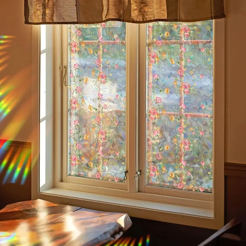 Window Film, Decorative Window  Film, Removable  Flower Stained Double Sided Glass Windows Clings Stickers for  Office Living Room Window Door Decor 39.37 x 15.74 Inches