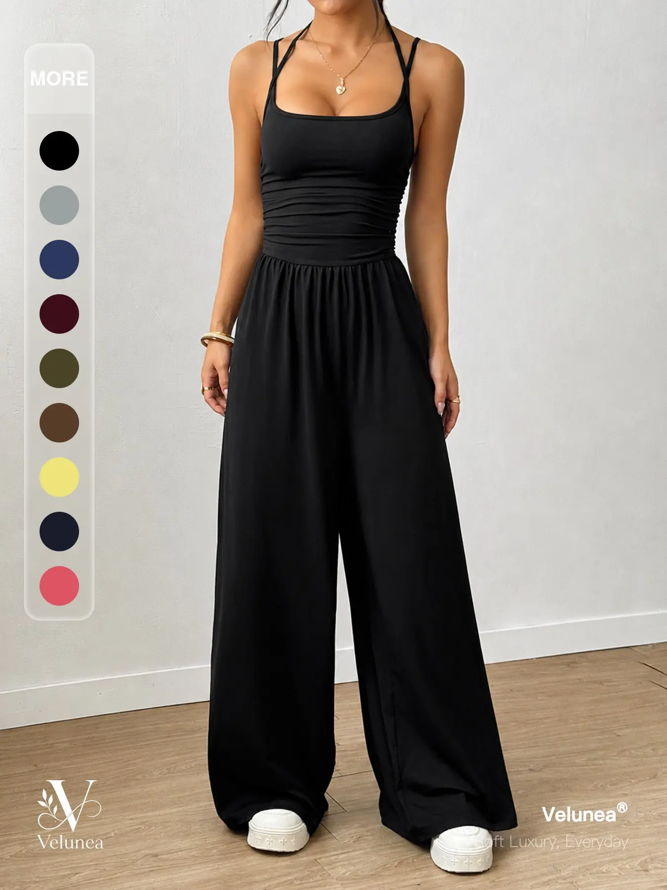 Velunea Women’s Wide Leg Jumpsuit, Sleeveless Square Neck One Piece Outfit with Ruched Waist Detail and Relaxed Flare Silhouette, Elegant Chic Casual Wear