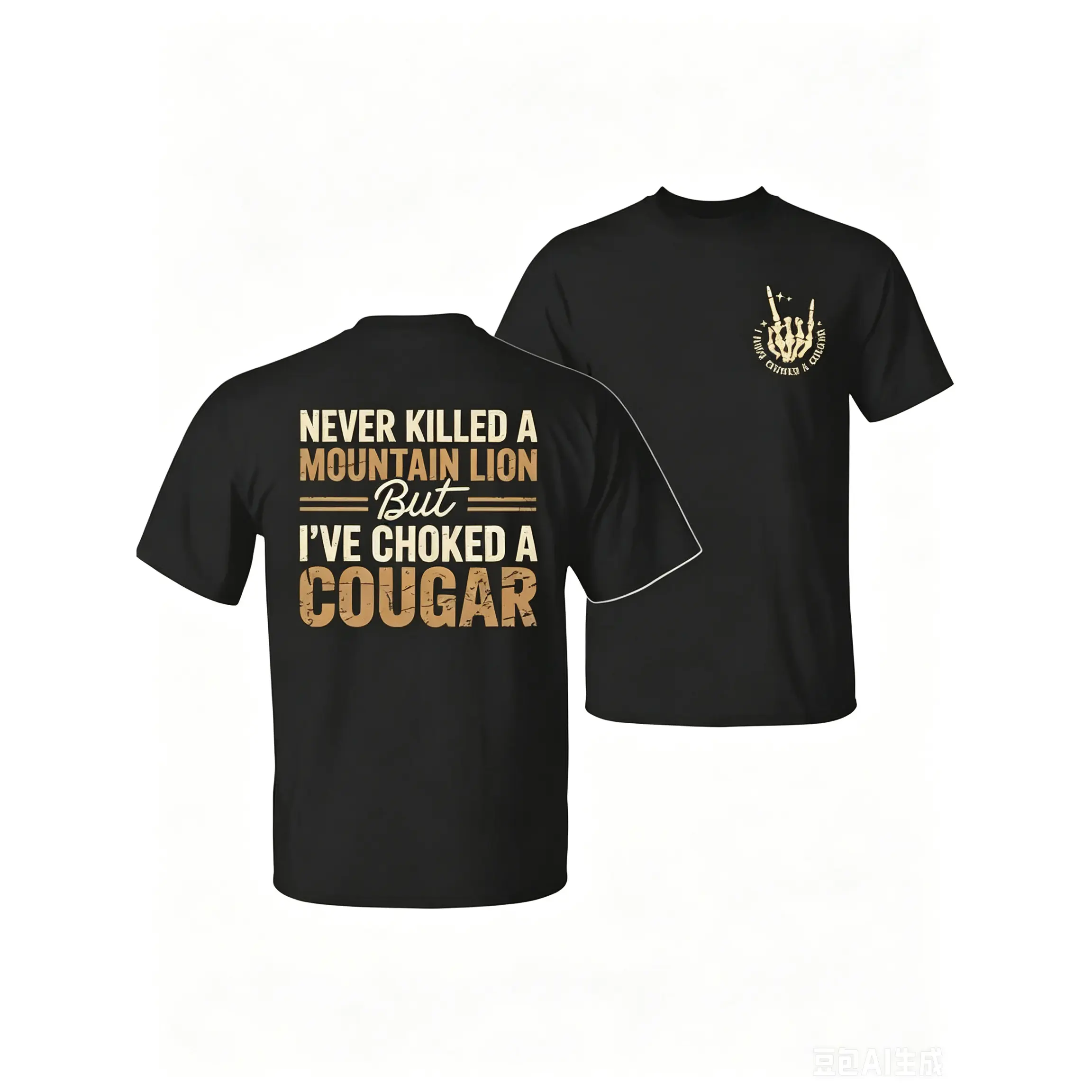 Unisex Cotton T-Shirt, "Never Killed a Mountain Lion But I Have Choked a Cougar" Sarcastic Print, 2-Sided Graphic, Shortleeve, Lightweight Everyday Menswear Top, Black Casual