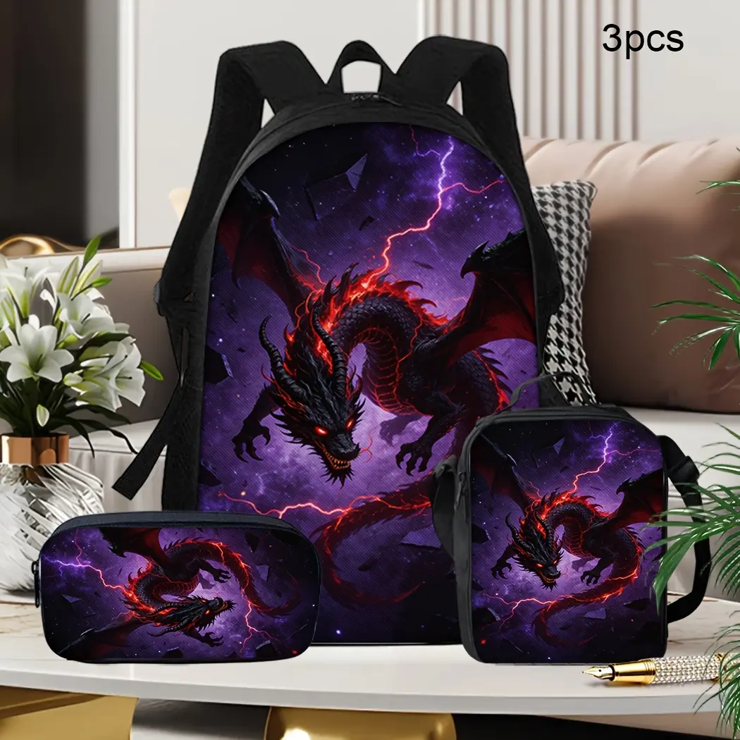 Storm Dragon 3-Piece Polyester Backpack Set for Teens - Black Red Dragon Purple Lightning School Bookbag with Matching Lunch Bag, Pencil Case, Fantasy Gym Travel Daypack, Back to School Gift, School Backpack