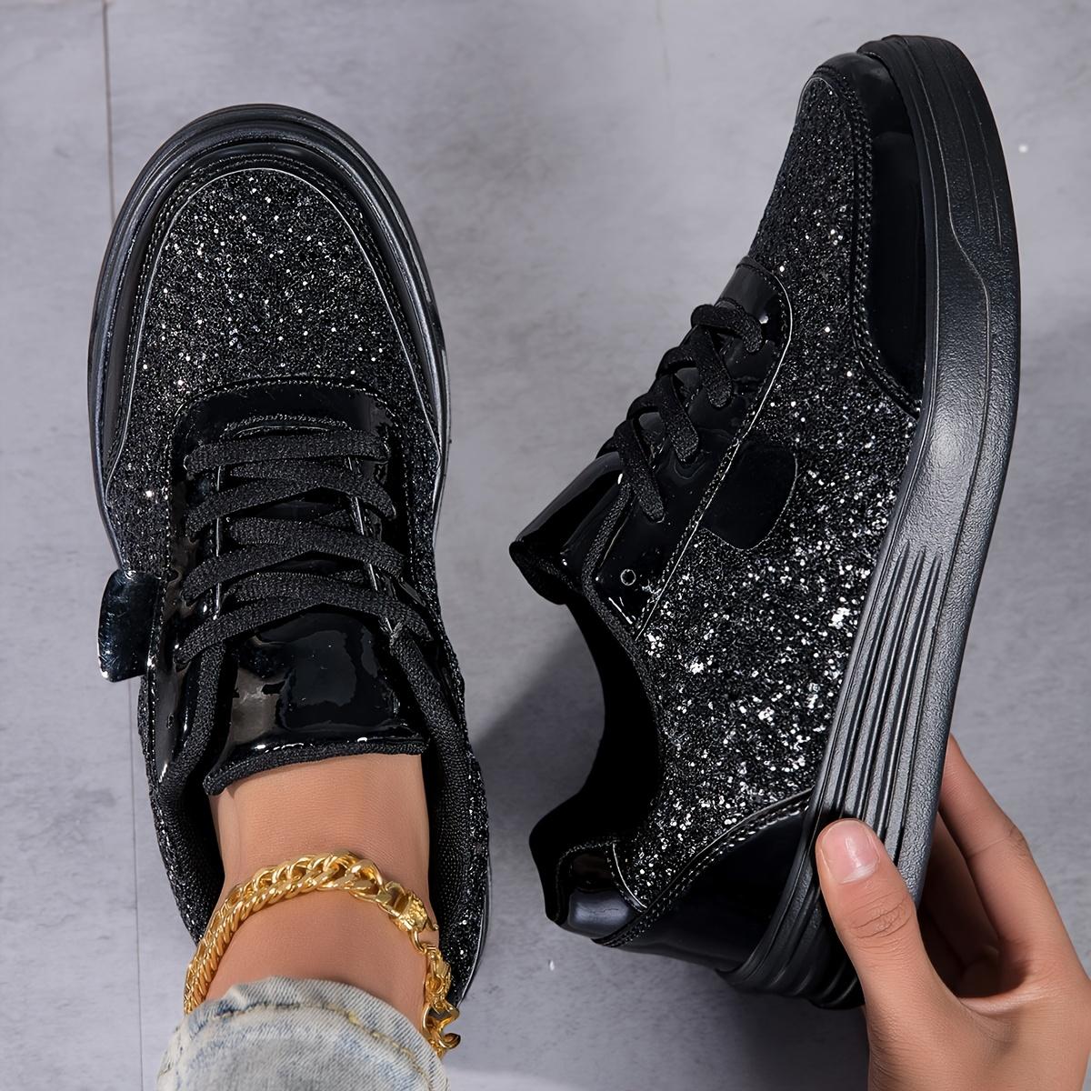 Women's fashion glossy sneakers with sparkling sequins, running shoes, street skate shoes, non-slip spring summer mesh breathable lace-up casual shoes, thick sole height incr dance shoes, lightweight soft sole low-top walking shoes