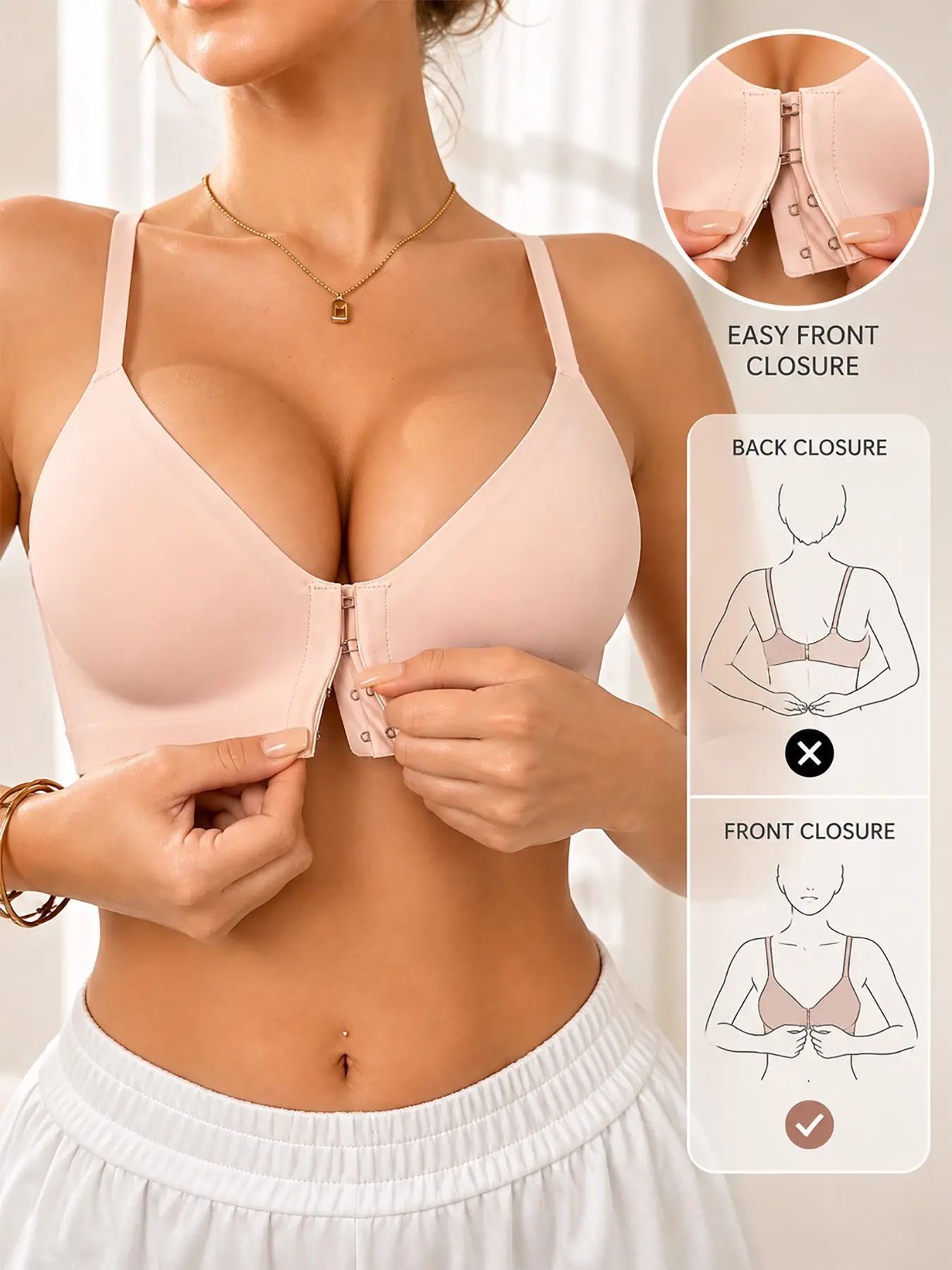 Women's Wireless Bra, Front Closure Low Support Underwire-Free Bra, Comfortable Push-Up Design, Ideal for Daily Wear