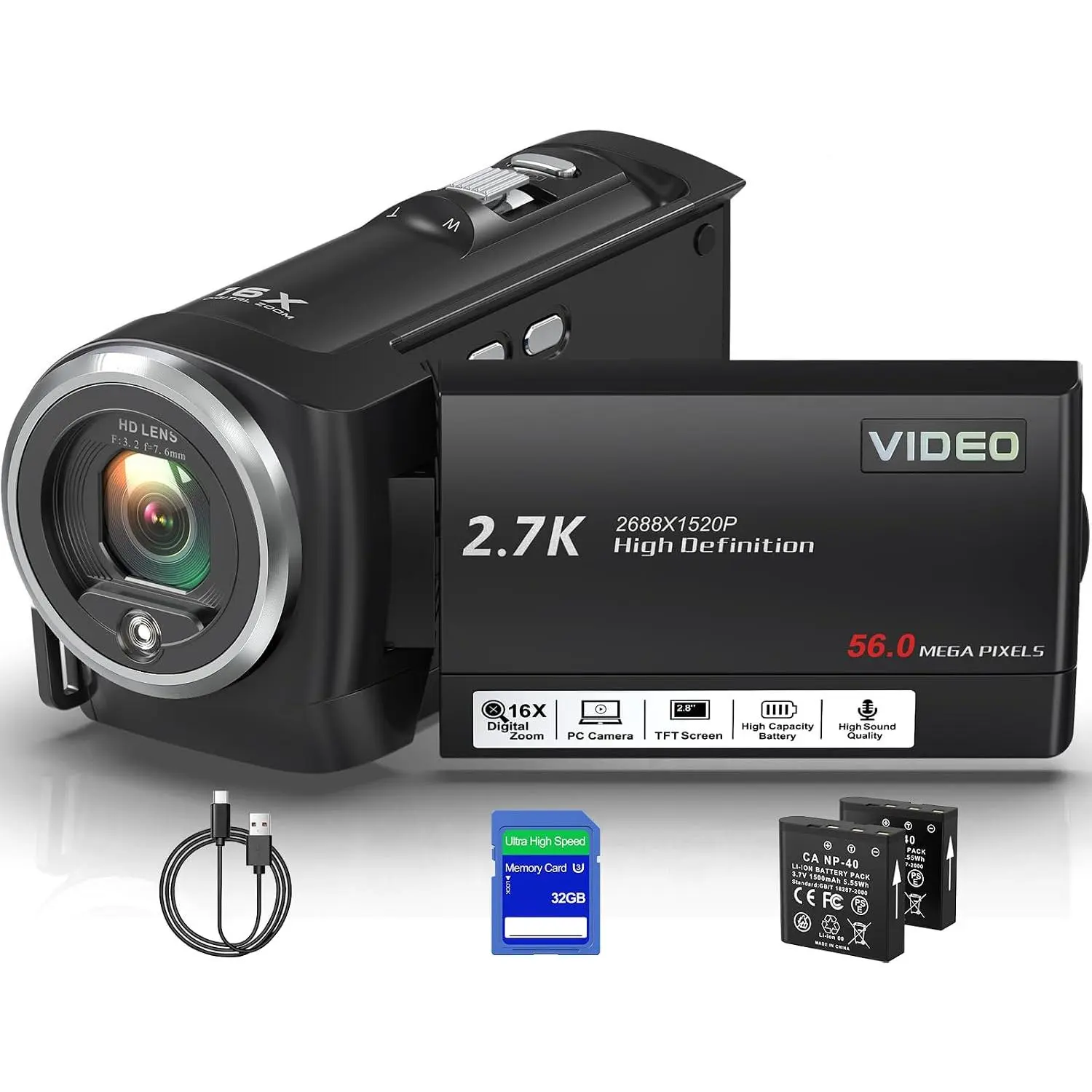 Video Camera Camcorder, QHD 2.7K 56MP 16X Digital Vlogging Camera with LED Fill Light for YouTube, 2.8'' 270° Rotation Screen Camcorder Camera with 32GB Card and Two