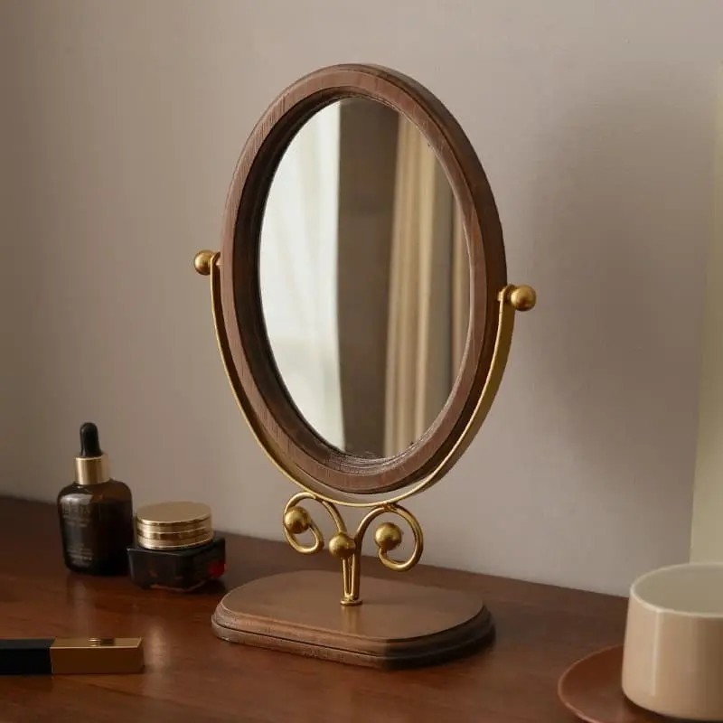 Rotating Desktop Makeup Mirror, HD Countertop Vanity Mirror, Vintage Wood Grain, Nordic Minimalist Style, Adjustable Rotatable Mirror, Durable