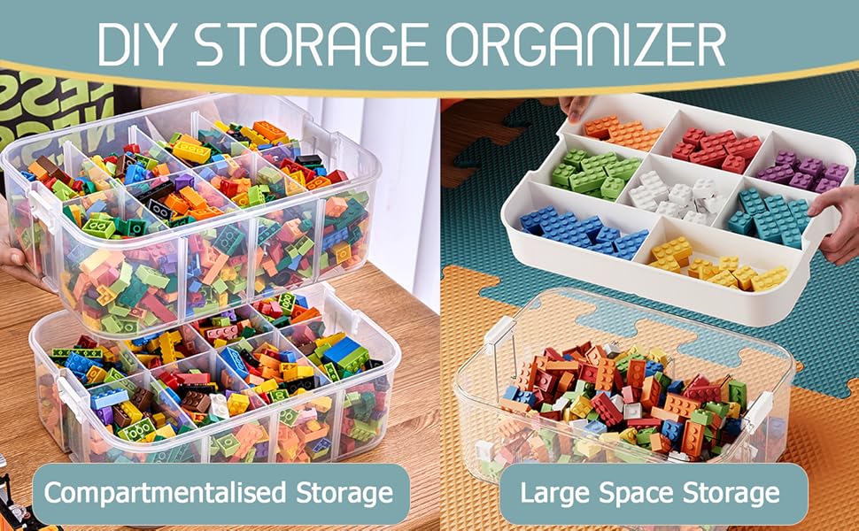 Plastic Storage Organizer for Lego Box Kids Child Toy Stackable Containers with Lids Bins 3 Layers Adjustable Compartments Building Blocks Chest Case