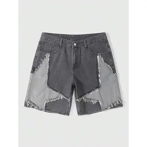 ( Five-star review)MEN Street Life Men's Five-Pointed Star Frayed Pocket Casual Loose Fit Denim Shorts Jorts(Sheets)