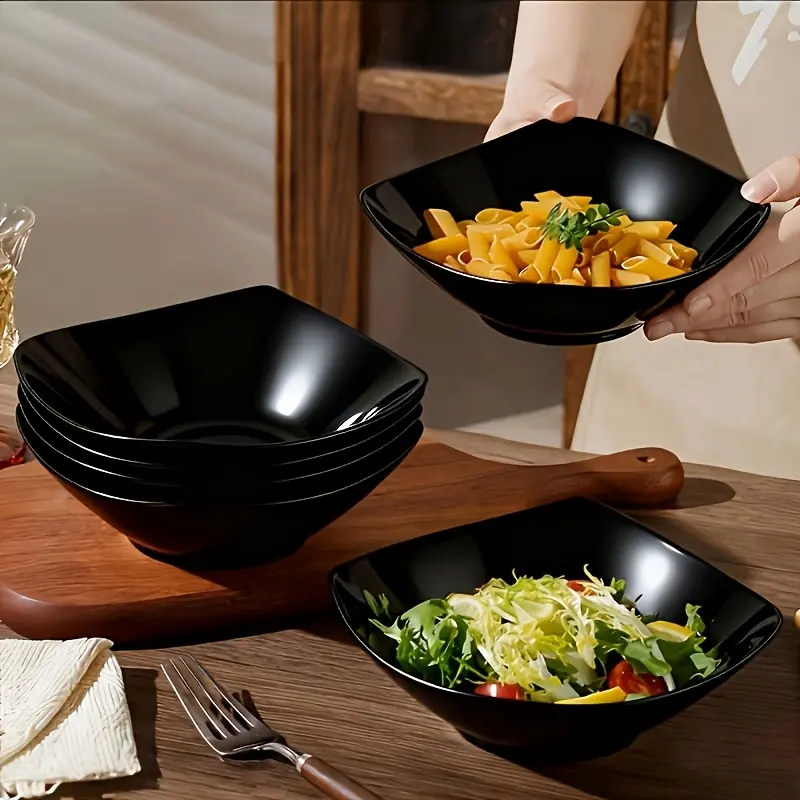 Black Solid Plastic Disposable Tableware Portable Set - 6-12 Pieces Including Bowls (Salad Bowls), Plates, Forks, Spoons for Birthday, Outdoor Trips