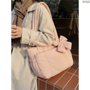 Women’s Cute Bow Decor Quilted Puffer Tote Bag, Large Capacity Lightweight Casual Shoulder Purse, Soft Daily Commute Handbag for Shopping Travel Outdoor Errands Daily Outings
