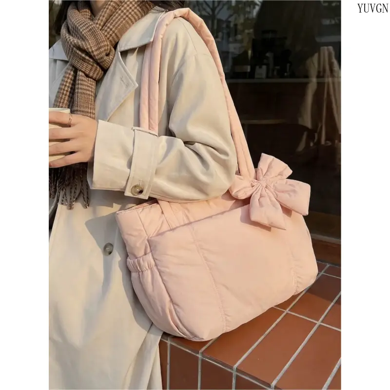 Women's Quilted Puffer Tote Bag - Cute Bow Accent, Large Capacity Casual Everyday Soft Shoulder Gym Bag for Shopping & Daily Outings, Casual Everyday Bag