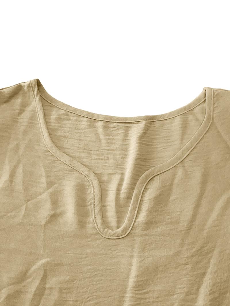 Plus Size Plain Frill Trim Petal Sleeve Notched Neck Tee, Casual Short Sleeve T-shirt for Daily Wear, Women Plus Clothing for All Seasons