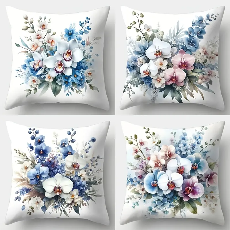 Set of 4 Modern Floral Pillow Covers,  Blue Orchid Print, Hand Washable Polyester Sofa Cushion Covers with Zipper Closure, Suitable for Living Room Decor, Fabric Lumbar Pillow Covers (Insert Not Included)