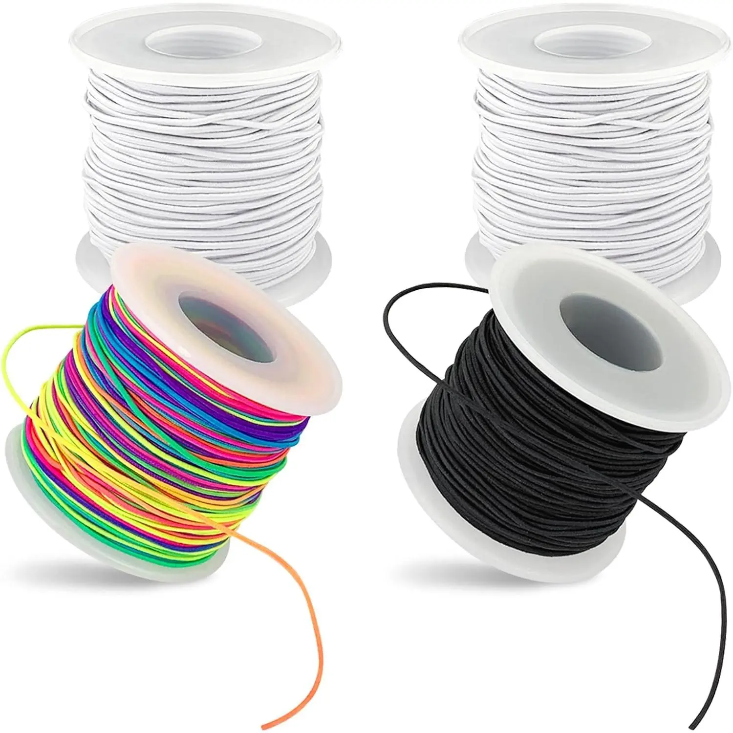 Elastic String for Bracelets and  Making, 4 Rolls 1mm Stretchy Cord (660 ft) in White, Black & Rainbow Colors, Fabric Braided String for DIY Crafts, Hair Ties and Beading