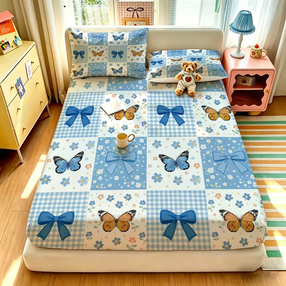 A 3-piece butterfly plaid flower pattern printed bedding set, Bed Sets, including 1 bedspread and 2 pillowcases, without a filling. The bedspread is soft and comfortable, with a deep pocket design, making it an ideal gift choice.