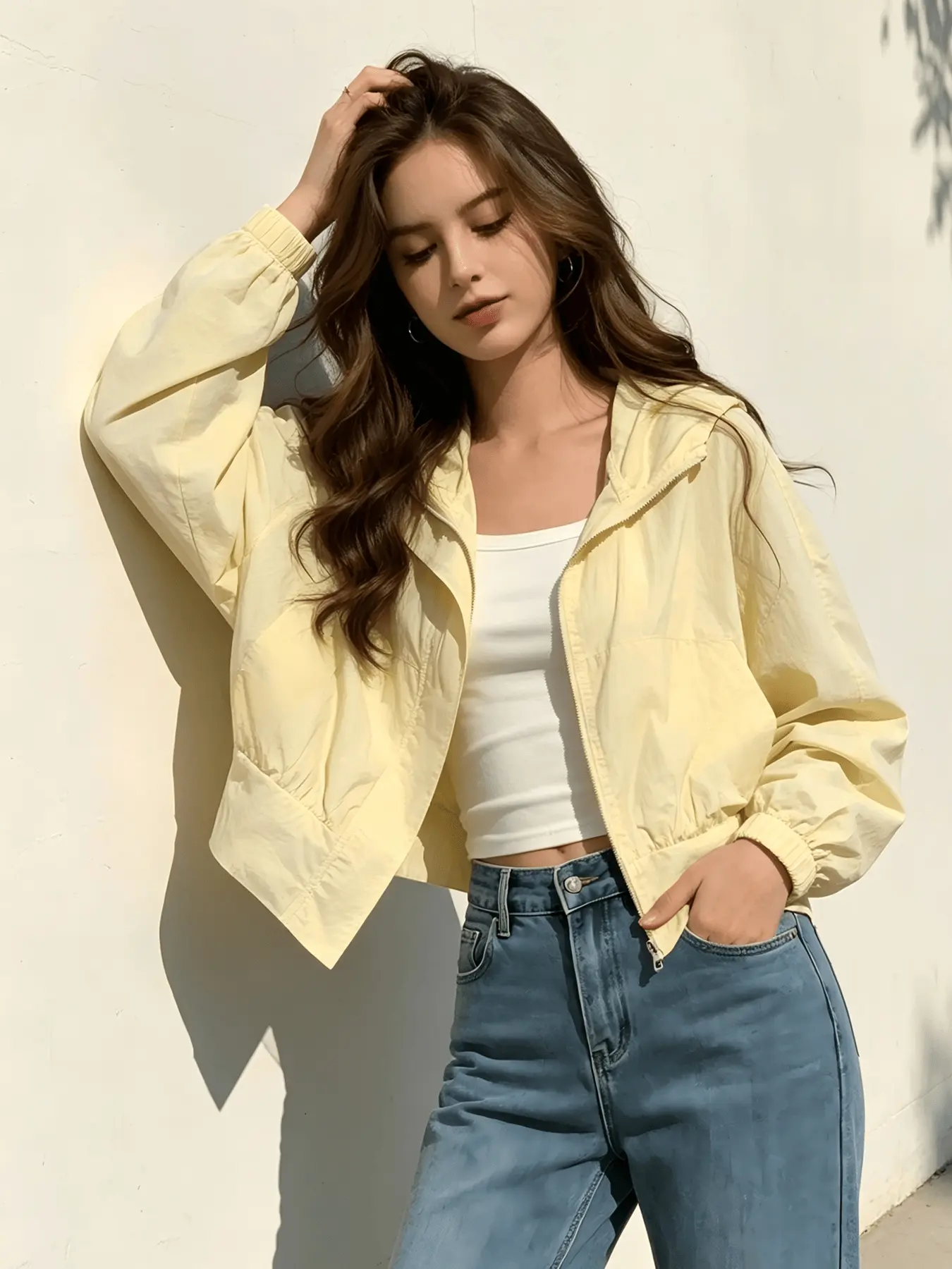 A fashionable yellow short hooded sunshade jacket for women, with a lightweight, lazy, loose cut and versatile suspender, a must-have for daily commuting, suitable for indoor and outdoor wear