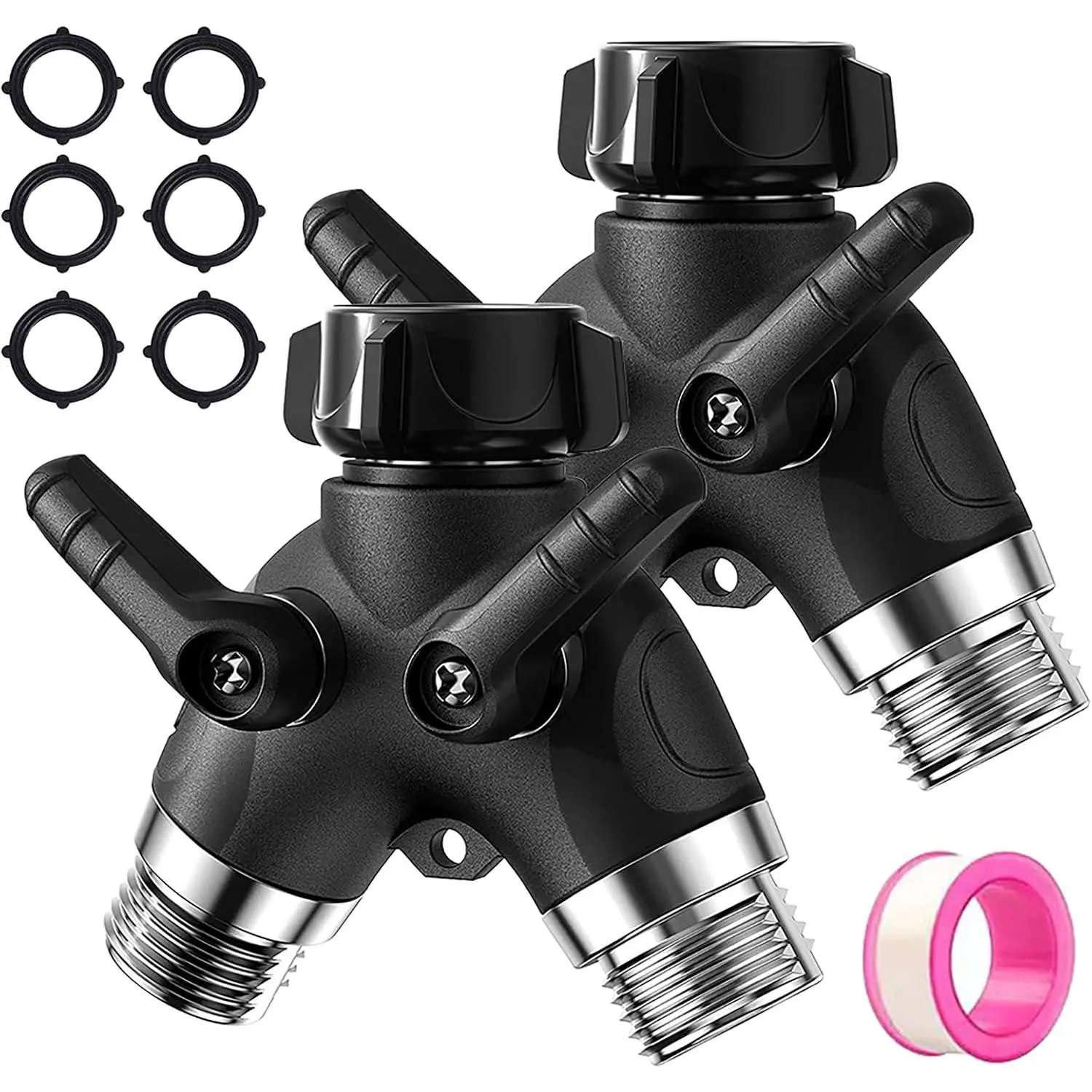 2 Way Garden Hose Y Splitter, 3/4 Inch Heavy Duty Metal Faucet Splitter | 2 Pack 3/4" Garden Hose Splitter Heavy Duty Water Faucet Splitter with Comfortable Rubberized Grip + 6 Extra Rubber Washers