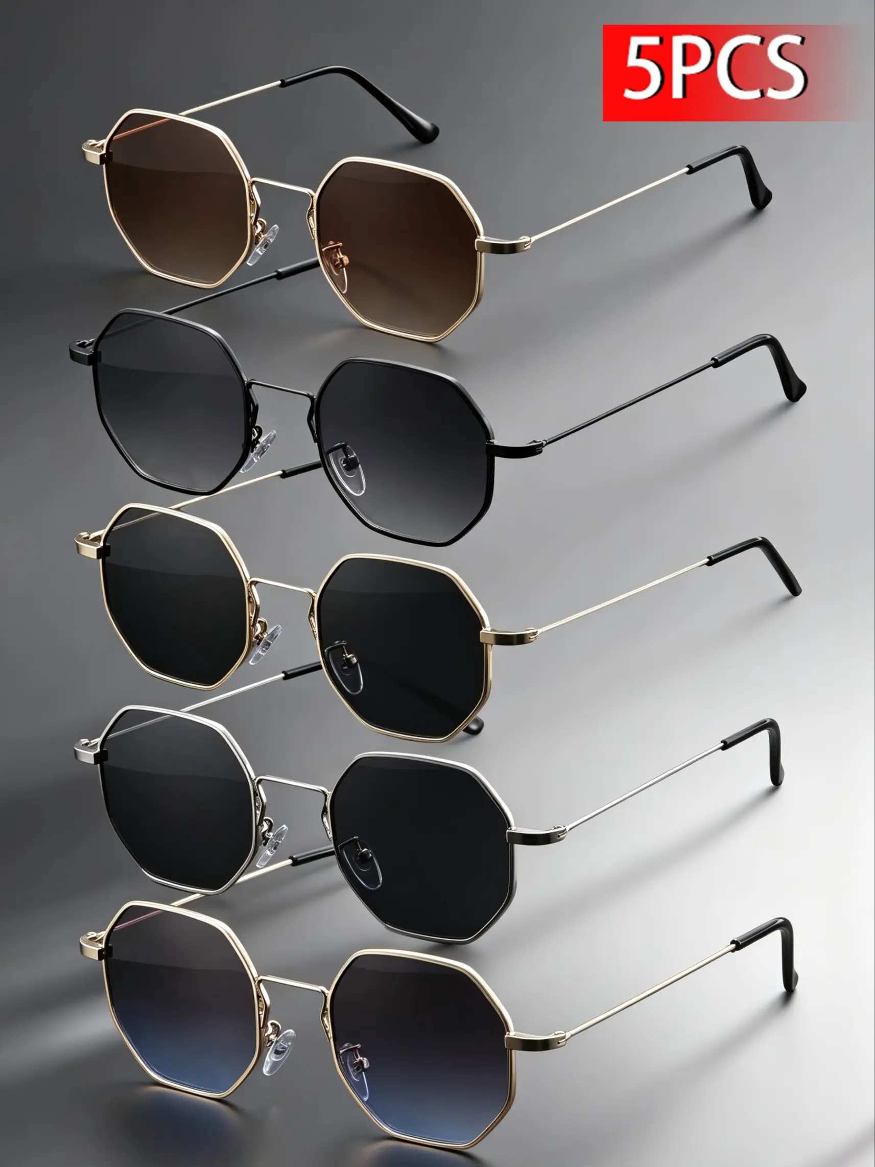 5 Pcs Octagonal Metal Frame Sunglasses, Unisex Retro Multicolor Gradient Lenses, Fashionable Eyewear Set for Men and Women