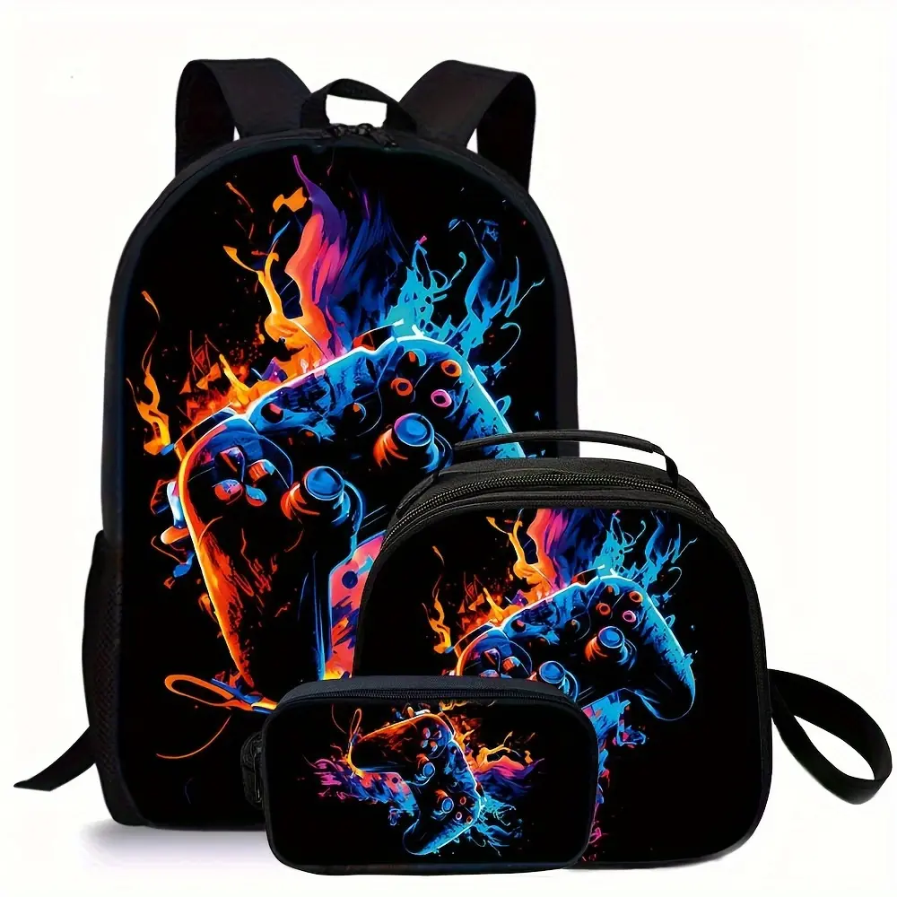 3PCS Fire Gaming Controller Backpack Set for Students, Cool Gamer School Bookbag with Lunch Bag and Pencil Case, Black Neon Game Backpack for Boys Girls Teens, Large Travel Backpack for Daily School Use