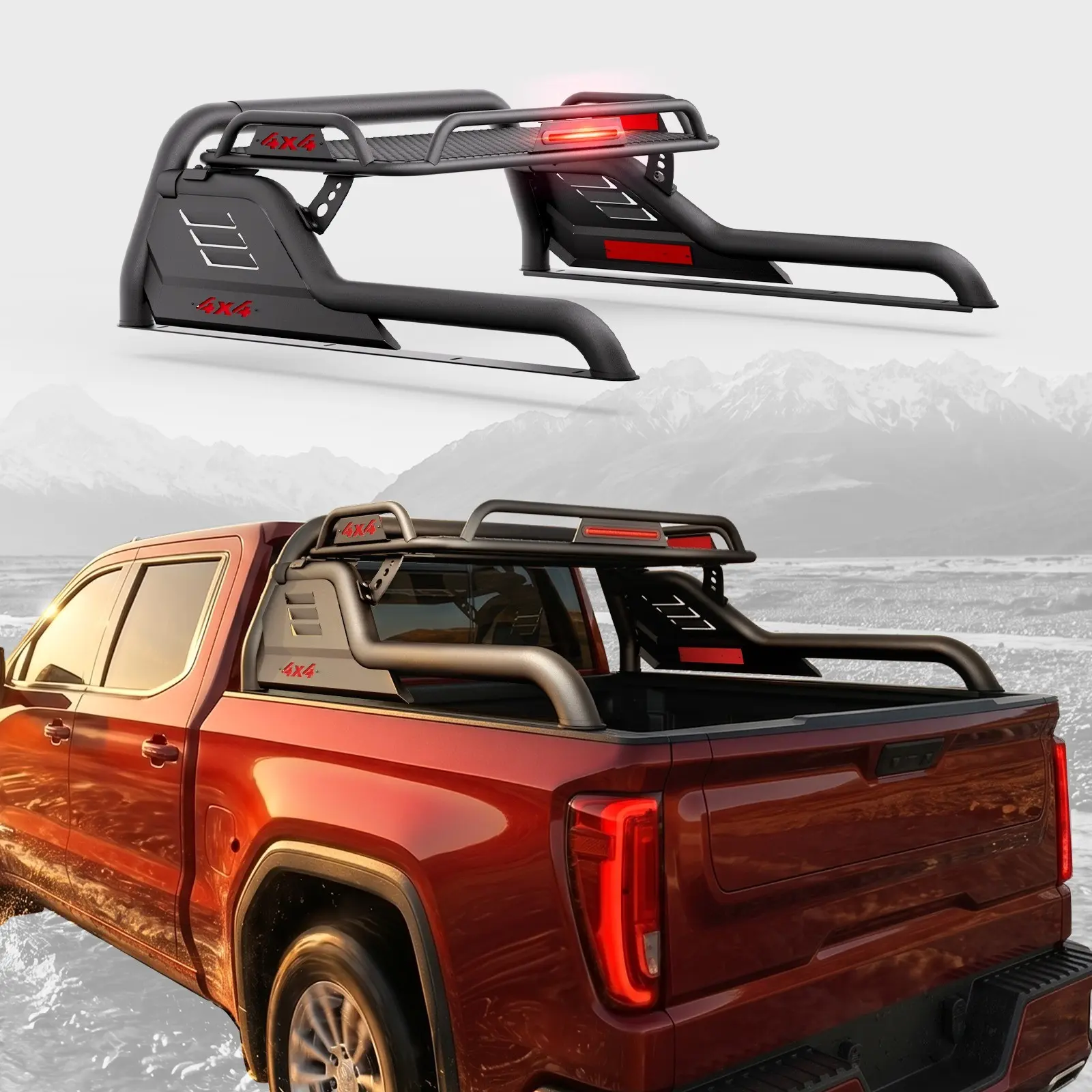 Carbon Steel Adjustable Truck Bed Roll Bar (56-63 in) with Supports Basket, LED-Compatible for Tacoma, Ranger, Colorado Car Exterior Accessory