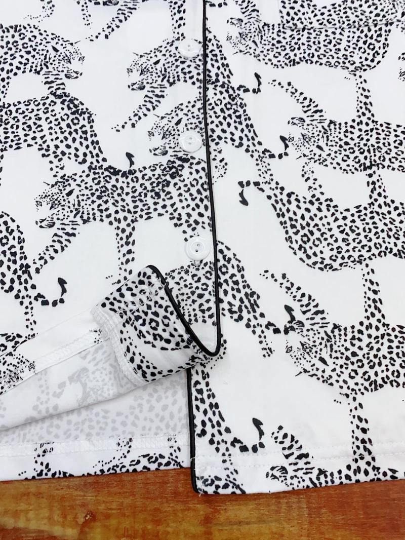 Women's Cheetah Print Short Sleeve Pajama, Casual Comfy Pocket Lapel Shirt & Elastic Waist Shorts PJ Set, Ladies Sleepwear for Summer, Loungewear