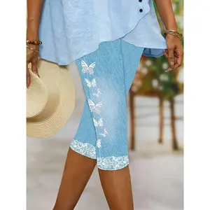 Women's Stretch Denim-Style Butterfly Print Capri Pants - Light Blue Lace Trim Slim-Fit Mid-Length Leggings, Smooth Texture All-Season Casual Elegant Pants for Women, Autumn Wardrobe, Denimstyle Leggings, Stretchy Fabric, Print Leggings, Trendy Outfits