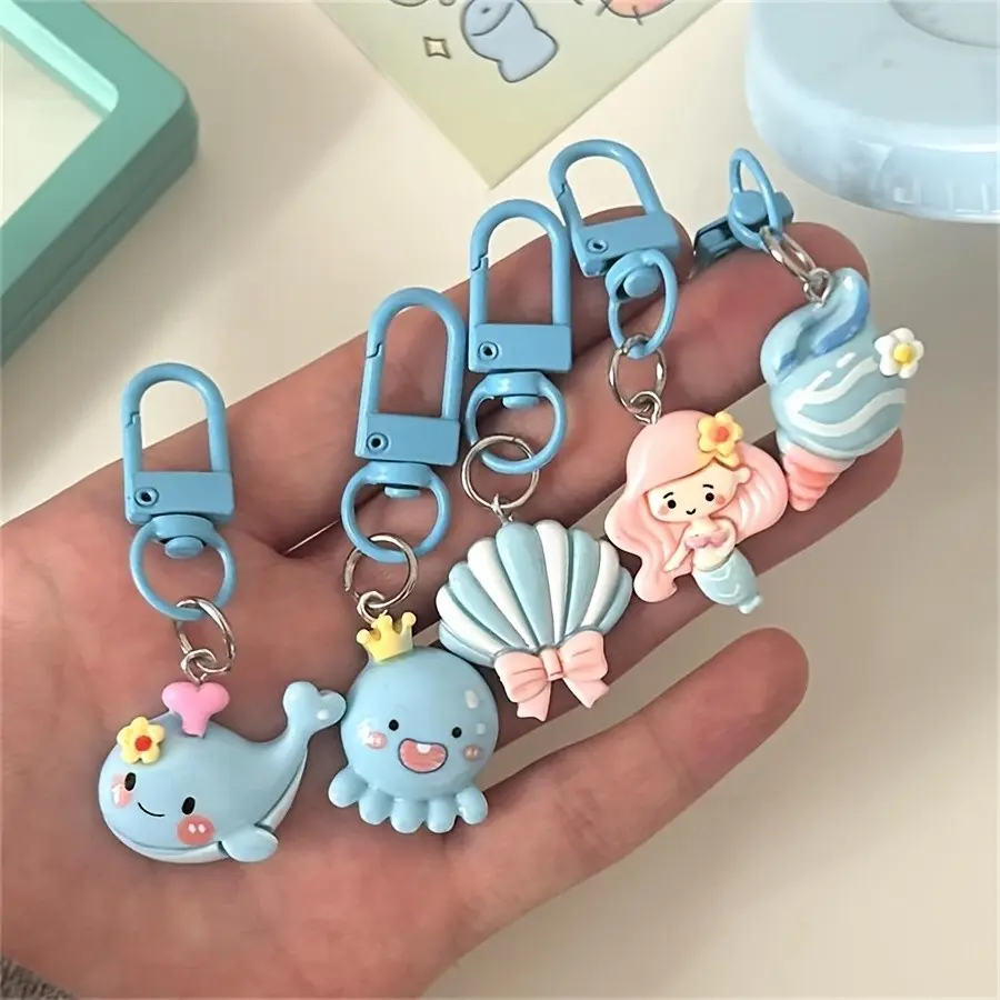 [Mermaid Keychain Set] 5pcs Set Blue Ocean Mermaid Series Keychain - Fun Cartoon Bag Charm - Couple/Best Friend Gift - Student Accessory