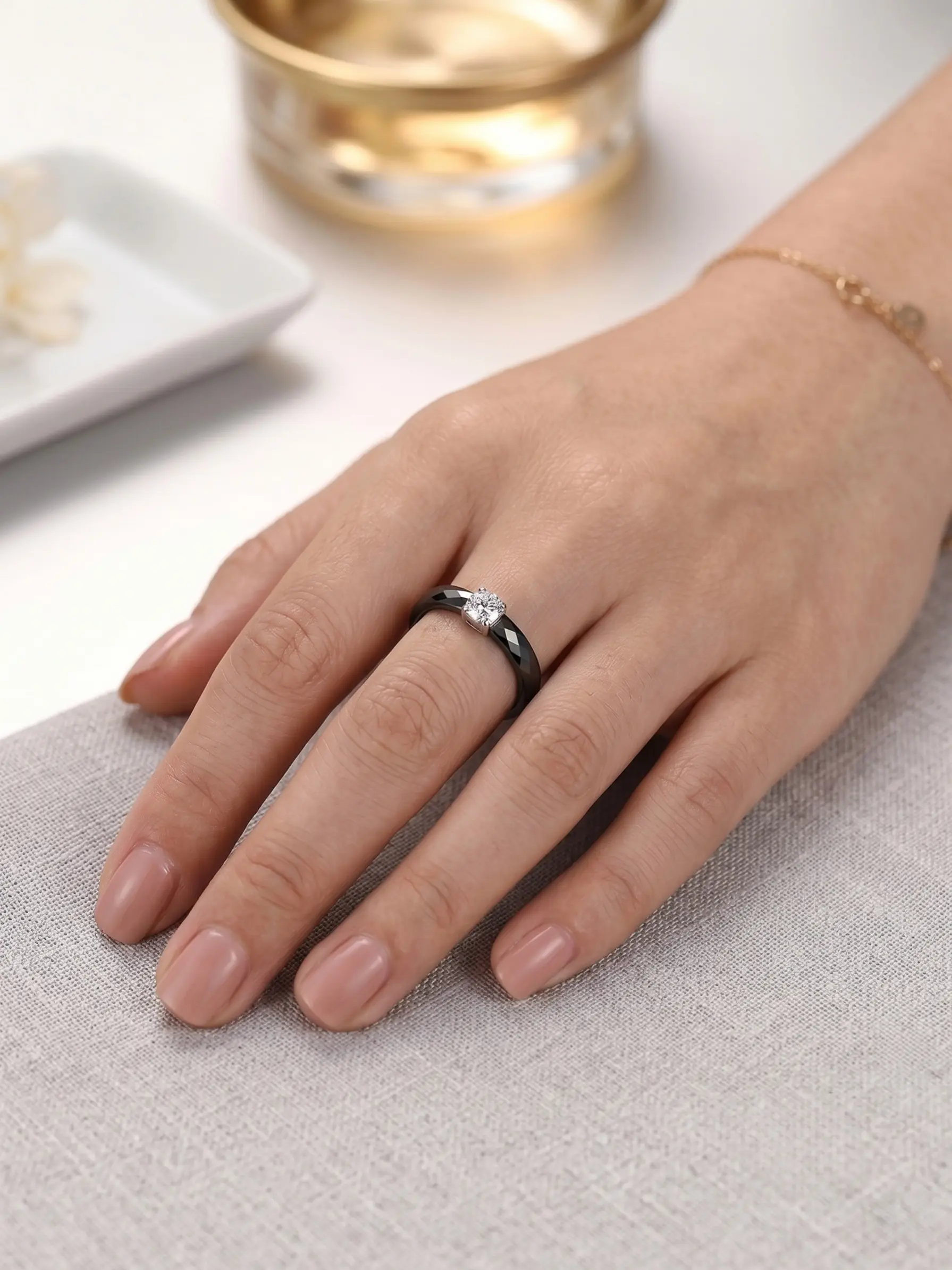 3mm Minimalist Ceramic 0.25ct Moissanite Ring Waterproof Anti-Scratch Promise Rings for Women (Black/White)