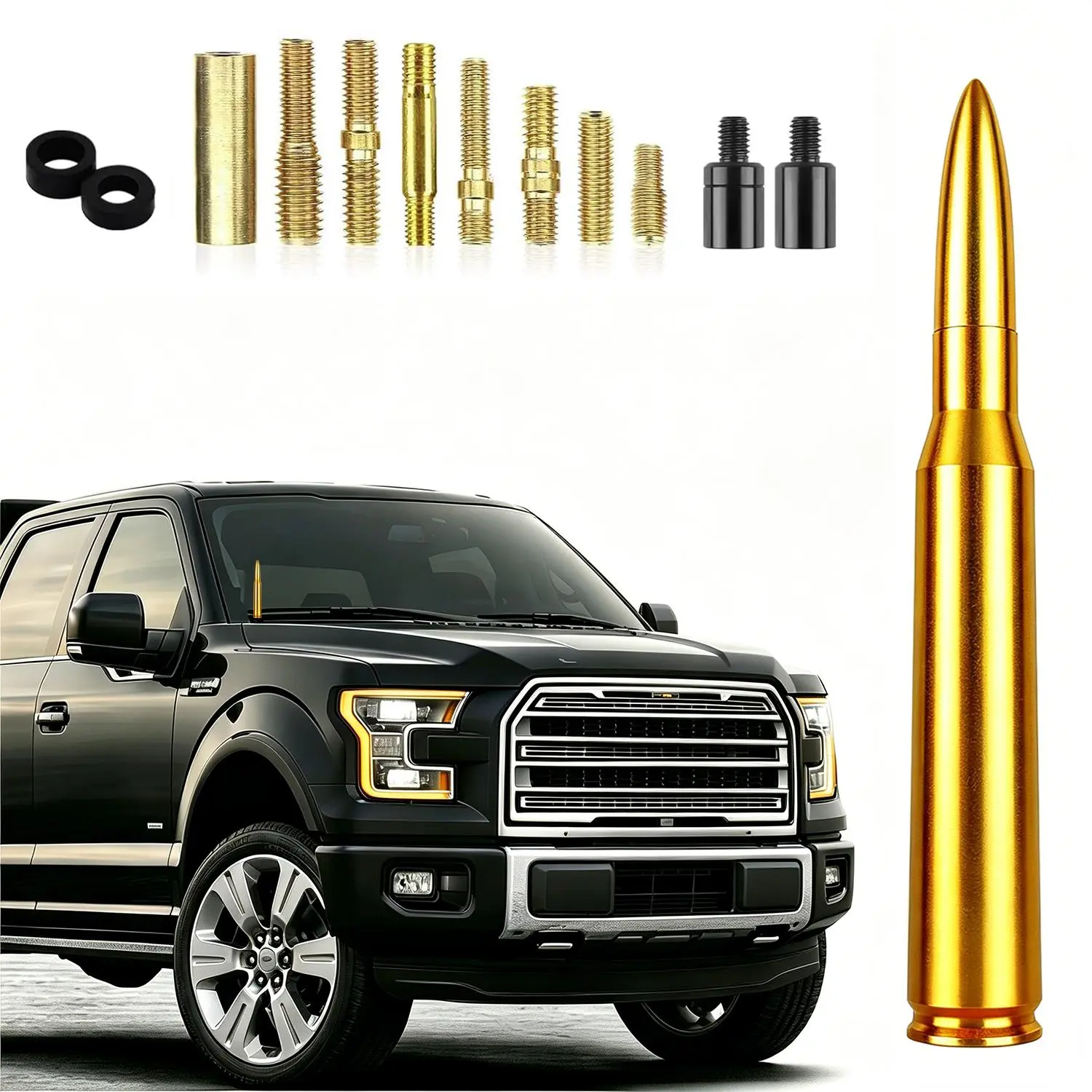 Golden 50 Cal Bullet Antenna, Made from High-Quality Aluminum Car Truck Antenna Truck Accessories with 10 Adapters, Compatible with Chevrolet, Toyota, Jeep, GMC, Ford, Dodge, Short Replacement Antenna, cool gadgets