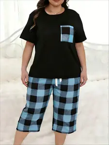 Color Block Plaid Patchwork Plus Size Women's Short Sleeve & Capri Pants Pajama Set Casual Loose Home Two-Piece Set