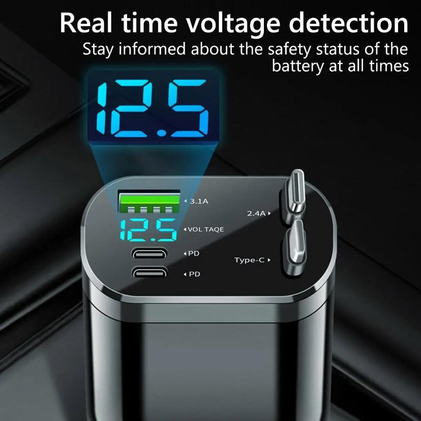 Compact Car Charger with Two Extendable Cables, Easy-to-Use Design for Apple and Android Phones, Multifunctional Portable Charging Solution