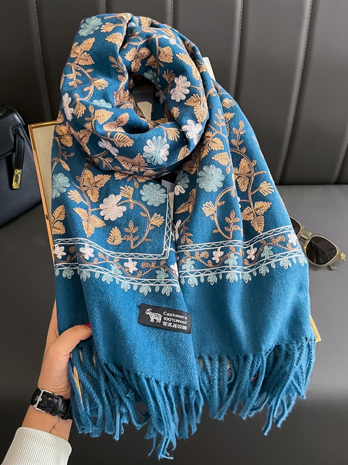 Boho Style Plant Embroidery Double Sided Scarf, Casual Soft Warm Fringe Trim Floral Embroidered Shawl for Women & Men, Fashion Accessories for Daily Wear