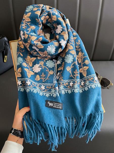 Boho Style Plant Embroidery Double Sided Scarf, Casual Soft Warm Fringe Trim Floral Embroidered Shawl for Women & Men, Fashion Accessories for Daily Wear