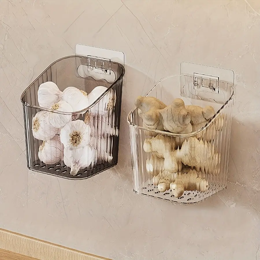 2PC No-Drill Garlic Ginger Storage Boxes, Wall-Mounted Kitchen Organizer, Plastic Container Set, Ideal for Onion, Garlic, Ginger Storage