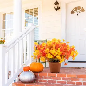 16 Bundles Fall Mums Artificial Flowers for Outdoor Decoration, Realistic Fake Orange Red Yellow Silk Plants, UV Resistant Faux Chrysanthemums for Vase, Planter, Front Door, Porch, Garden (Autumn)