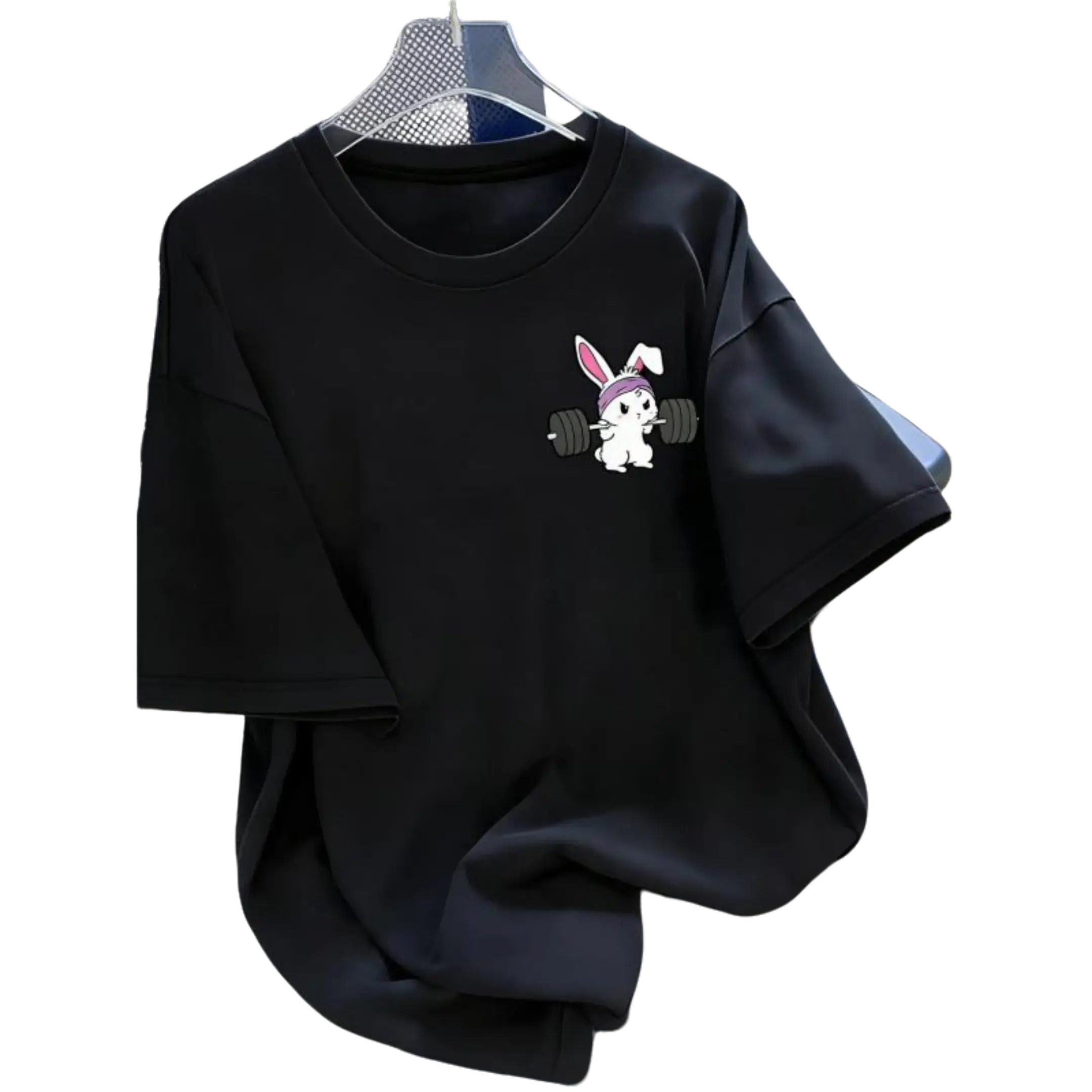 Women's Casual Loose  Round Neck T-Shirt, Cute Rabbit Weightlifting Print, 100%25 Cotton Fabric, Soft Breathable, All Seasons Wear