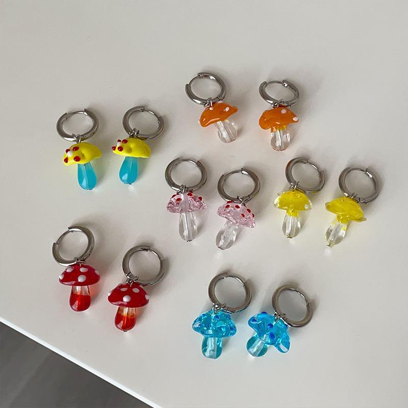 Minar Funny Contrast Color Coloured Glaze Crystal Mushroom Hoop Earrings for Women Silver Plated Metal Holiday Casual Jewelry